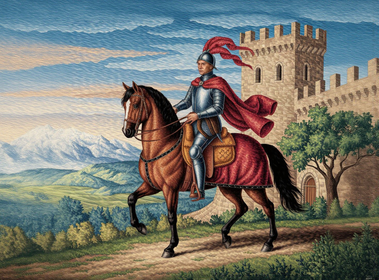 Pointillism Knight on Horseback Outside Castle