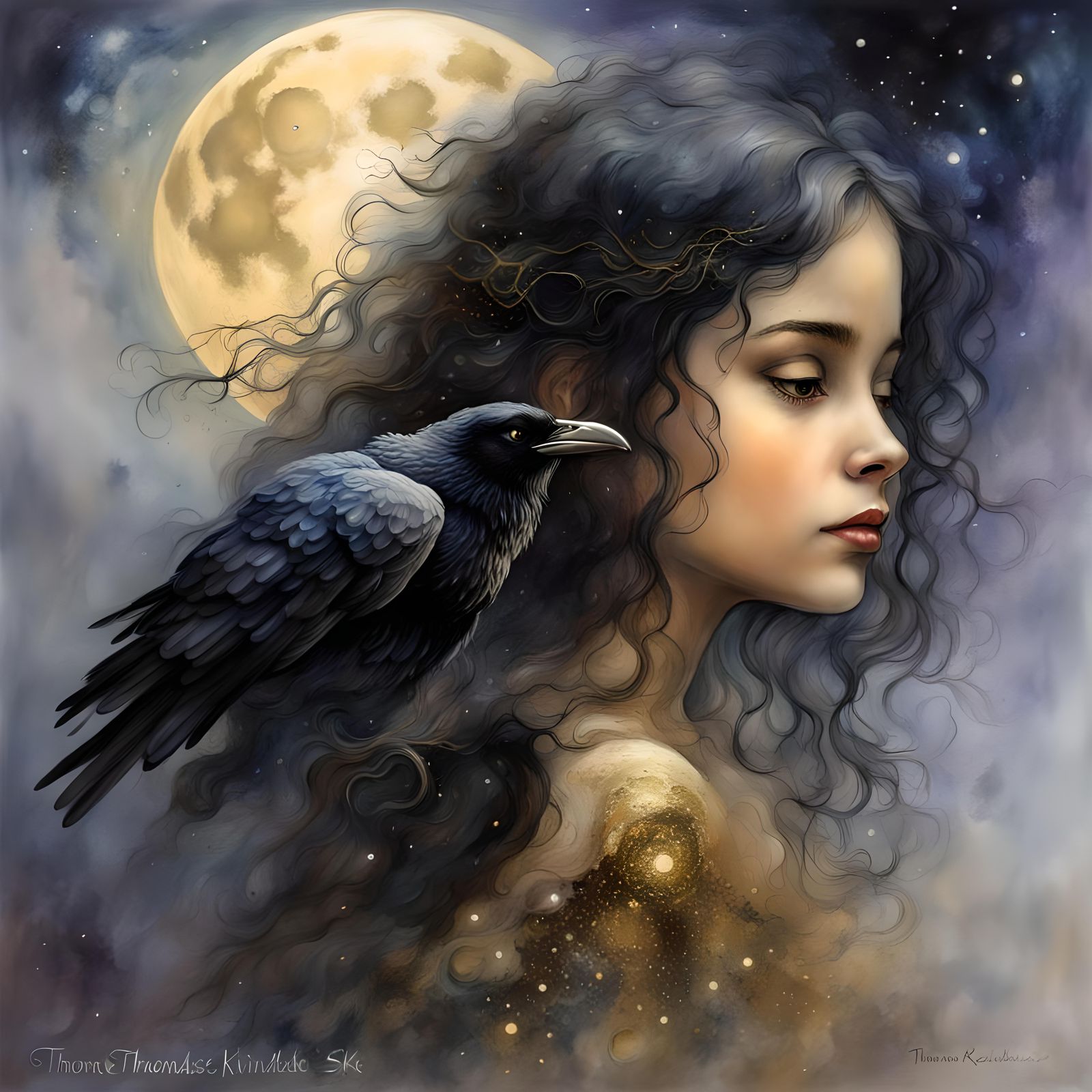 Mystical Girl and Raven Gaze at Moonlit Sky