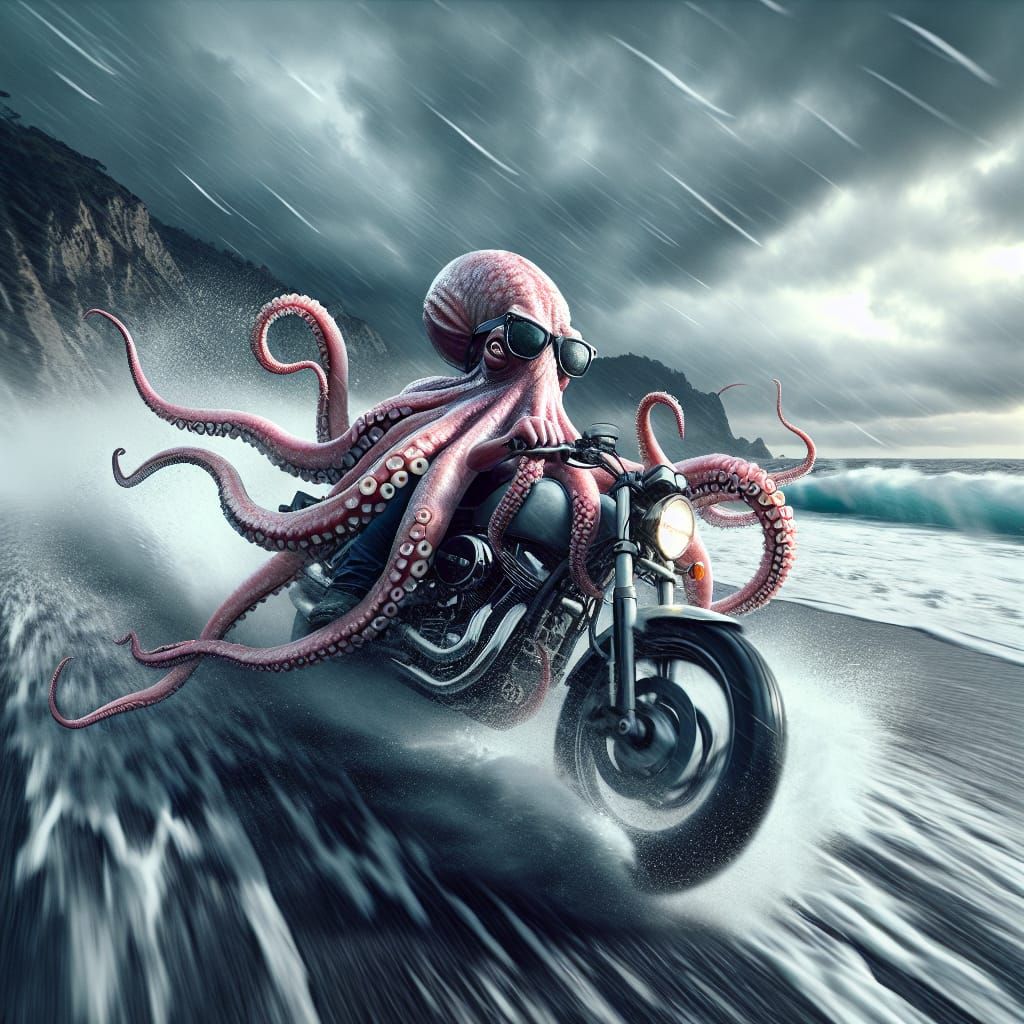 Cinematic Octopus Rider on Stormy Beach