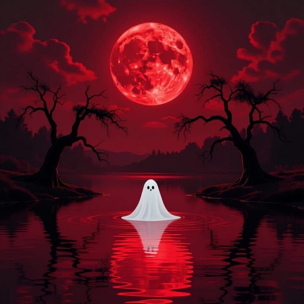 Crimson Moon Over Red Water With Ghostly Trees