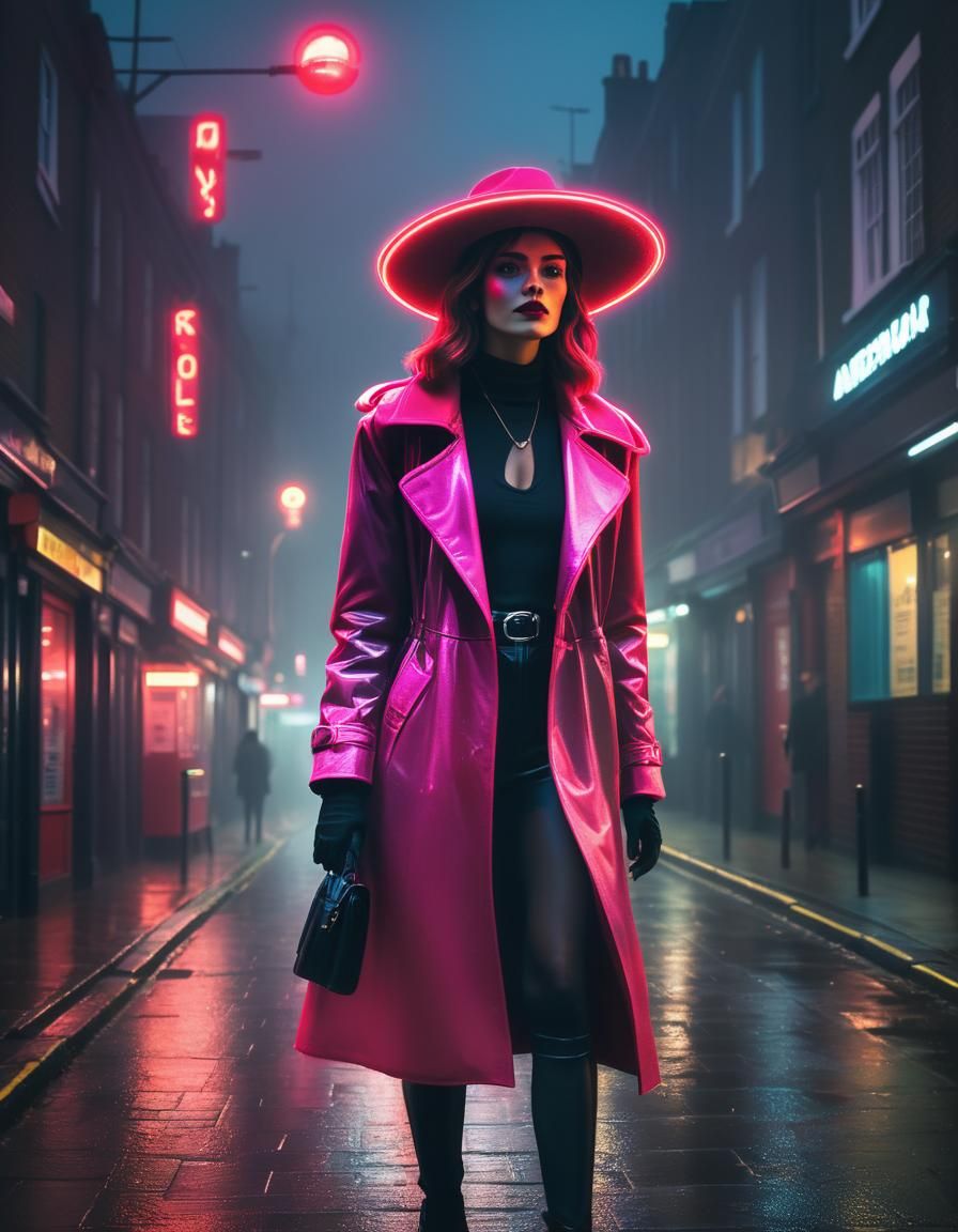Neon-Lit Woman in Retro Synthwave London Street