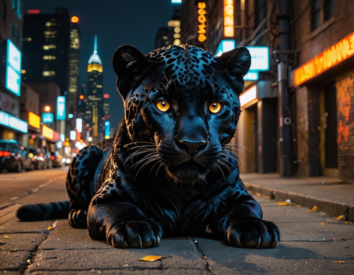 Newborn Black Jaguar in Urban Sci-Fi Alleyway