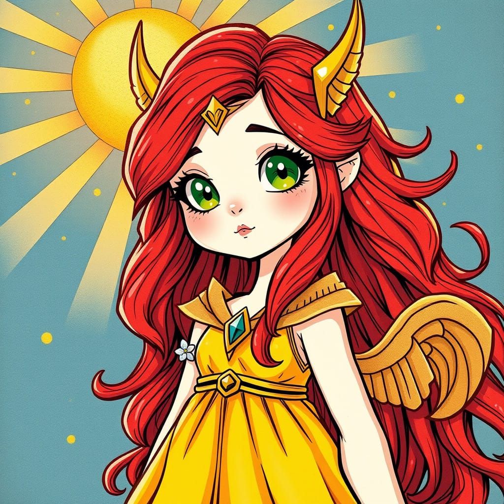 Whimsical Norse Goddess of the Sun with Bright Red Hair