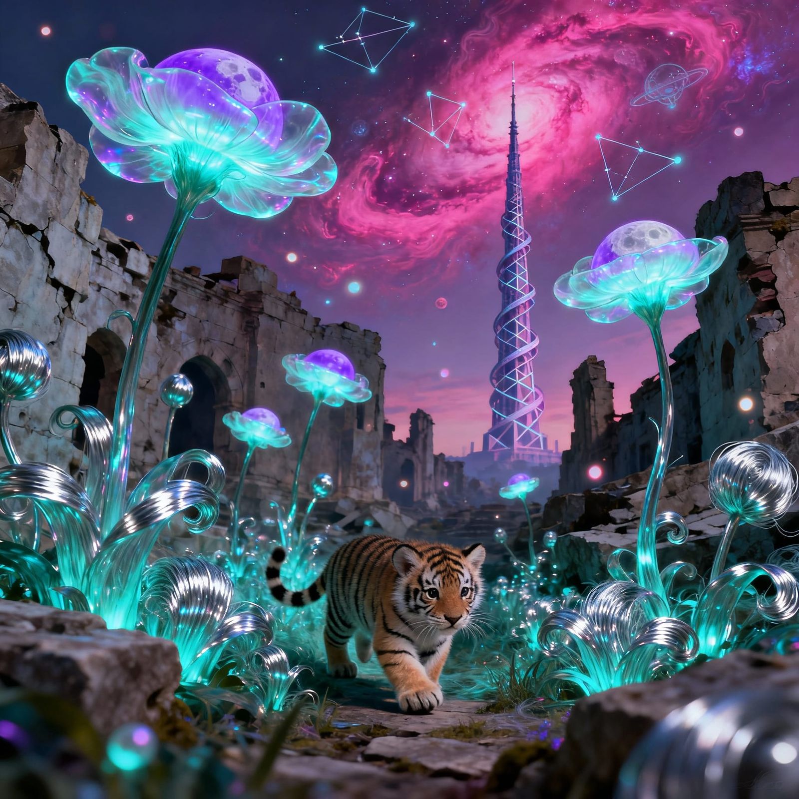 A surreal landscape where giant, luminous flowers grow from ...