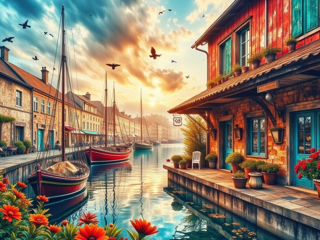 Vibrant Watercolor Harbor Scene in Gritty Grunge Style