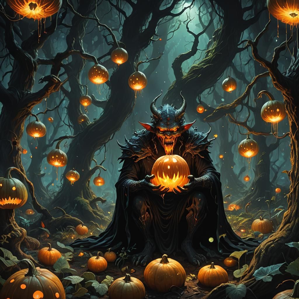 Demon Eating Glowing Gourd in Mystical Forest