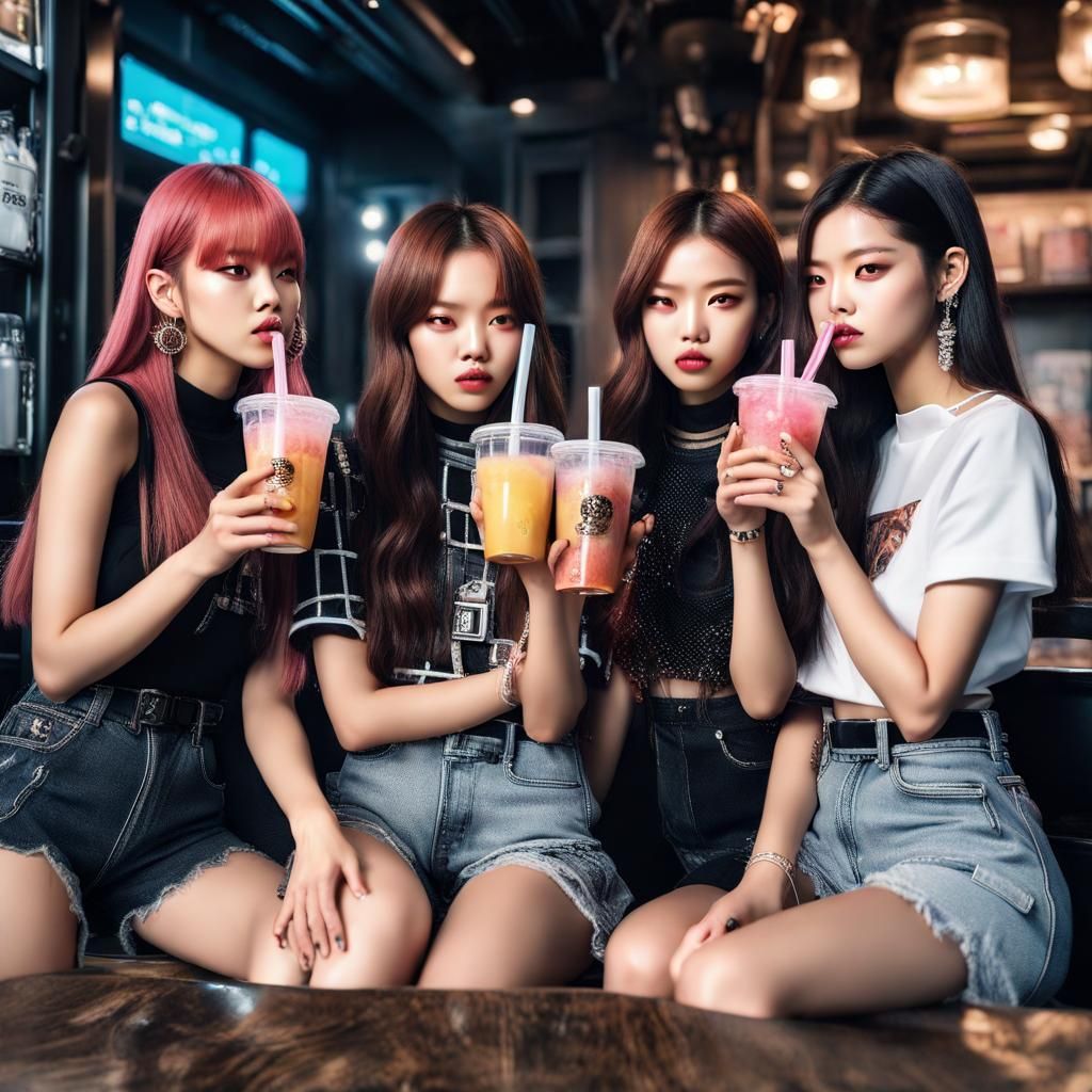 Blackpink Members Drinking Boba: Hyperrealistic Image