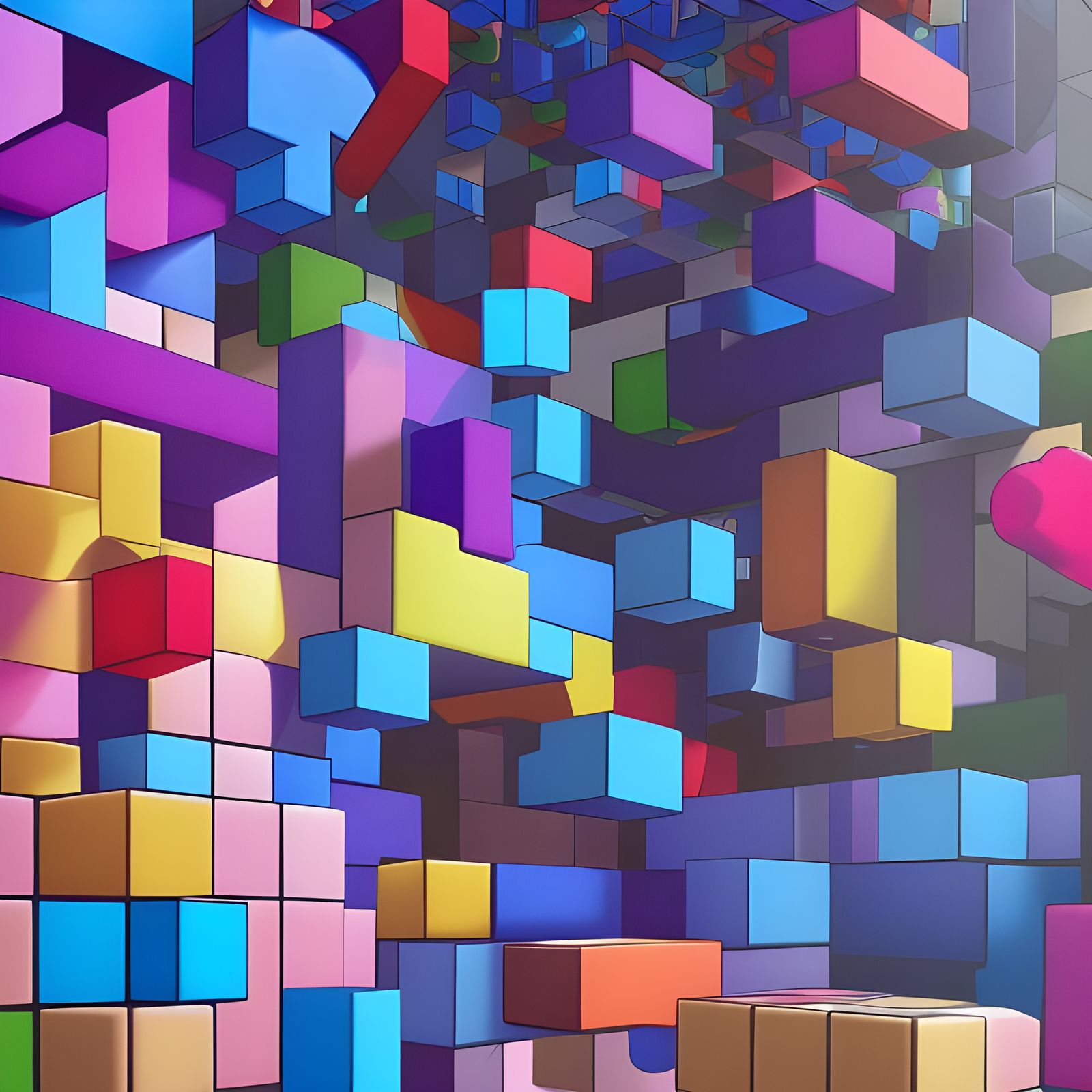 Photorealistic Tetris Chaos in Maximalist Style