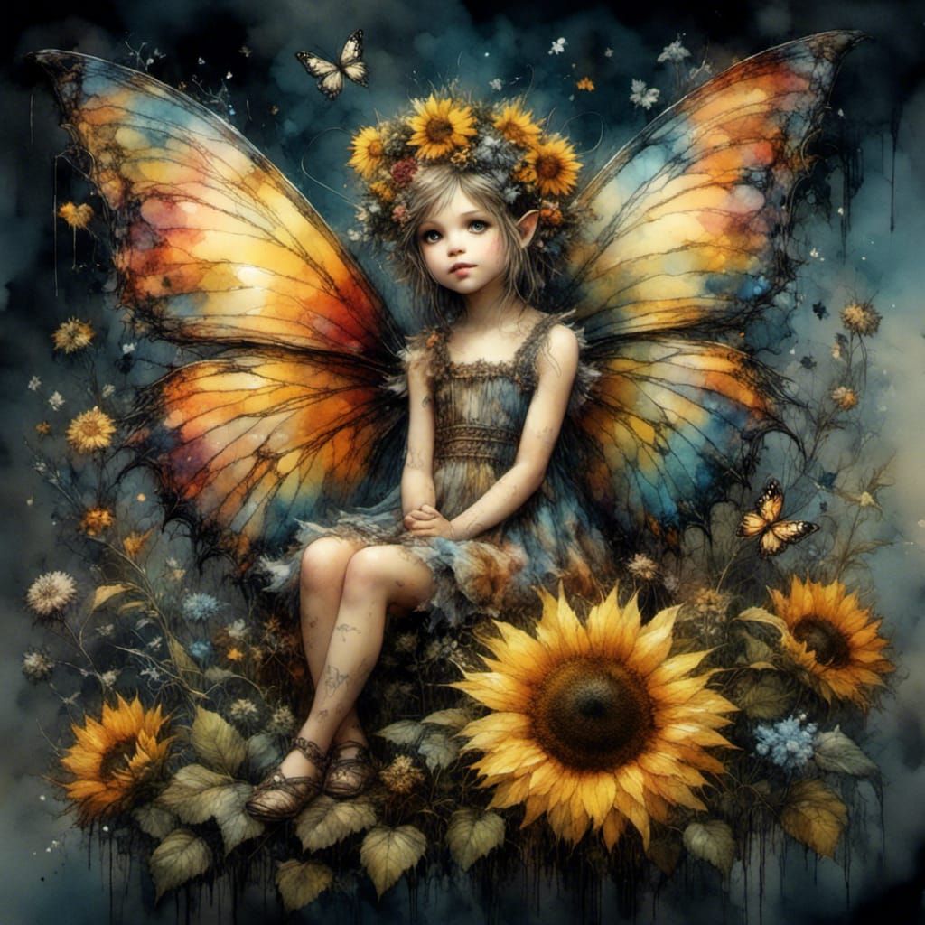 Antique Pixie on Sunflower with Butterfly