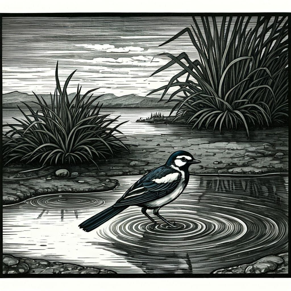 Vibrant Bird in Wooden Print Style