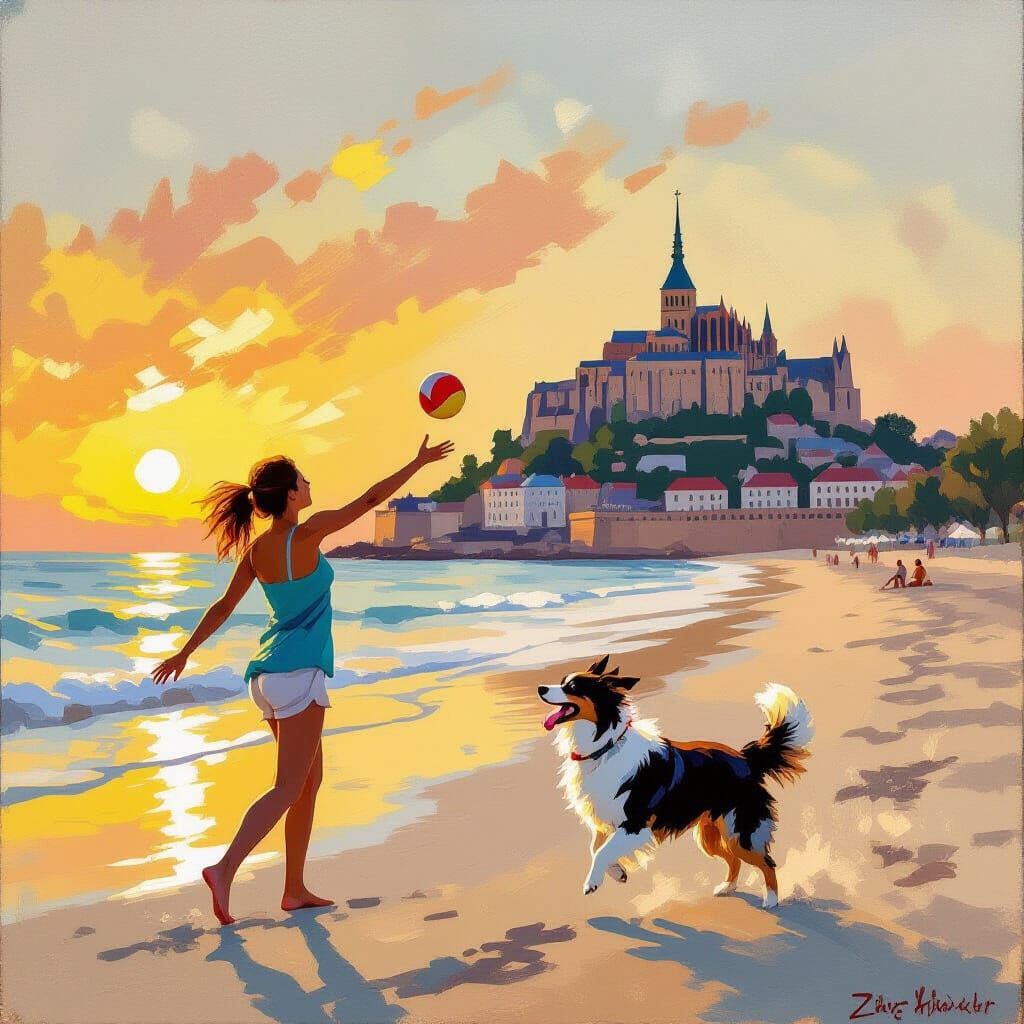 Beach Sunrise: Dog Fetching Ball with Citadel View