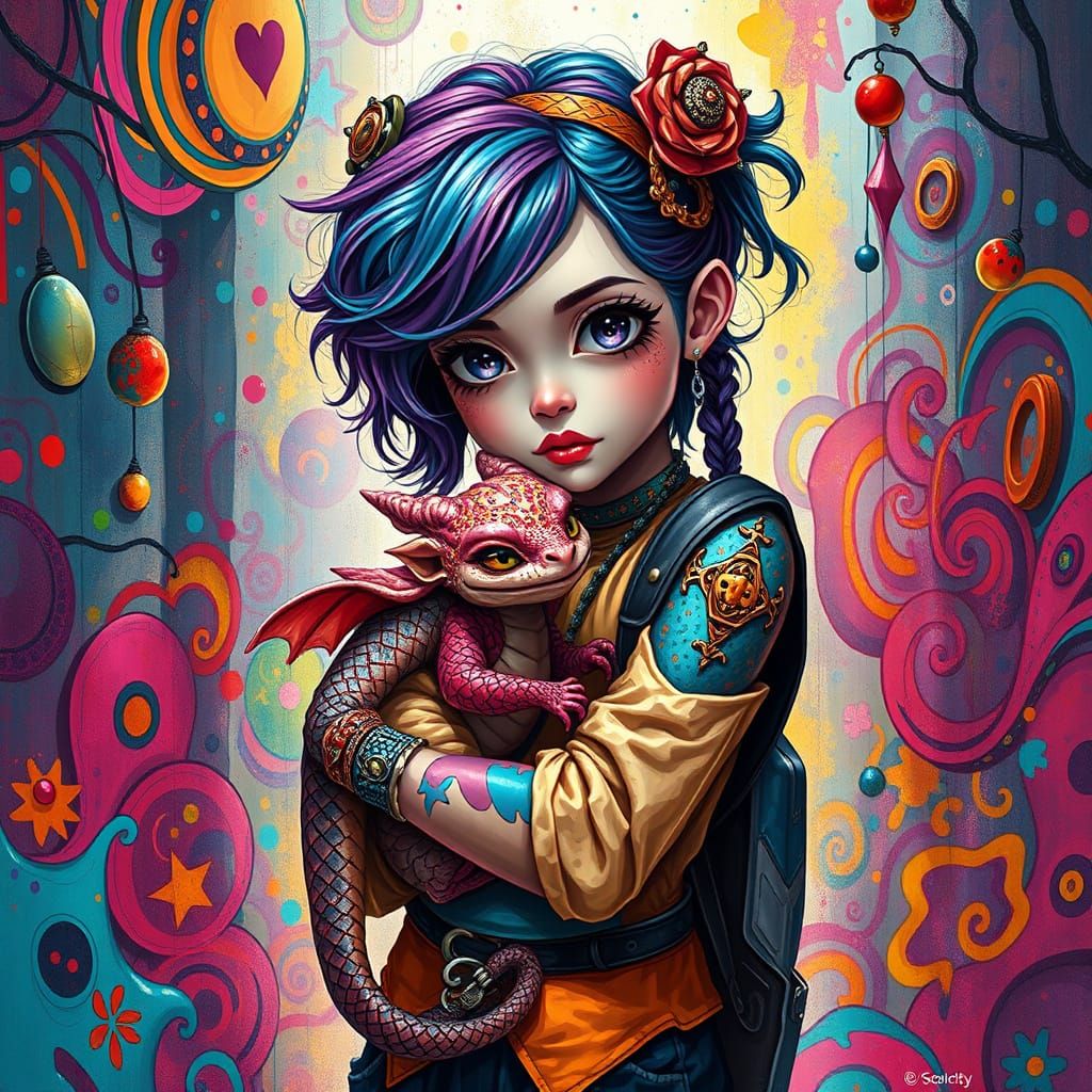 Girl Enchants with Baby Dragon in Whimsical, Urban Fantasy R...