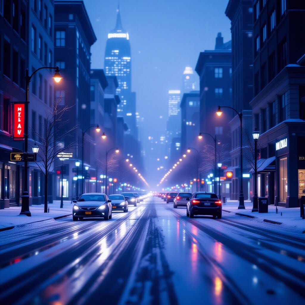 Snowy City Street at Night in Ethereal Fog