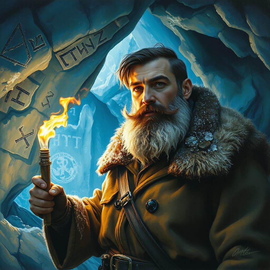 Adventurer in Glowing Ice Cave with Ancient Runes