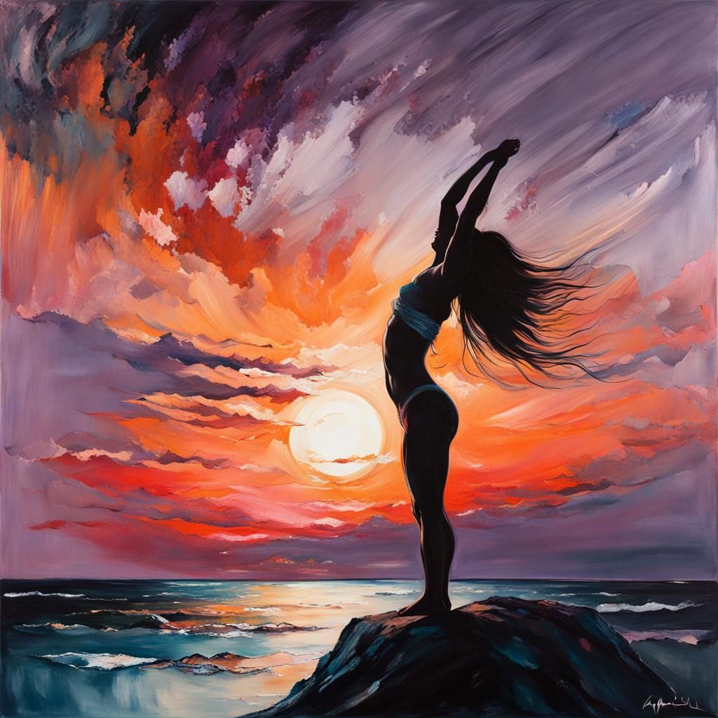 Mermaid Handstand Sunset: Impasto Oil Painting