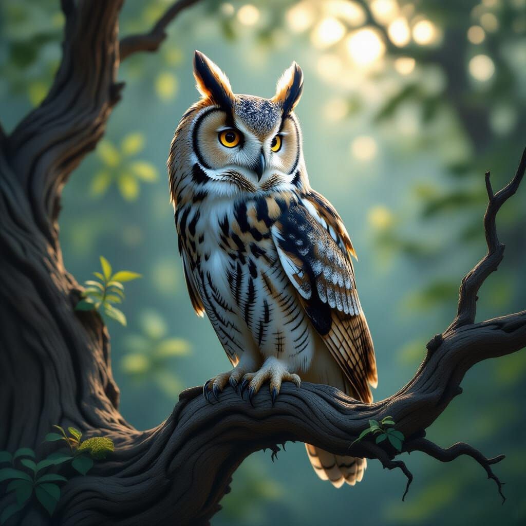 Majestic Owl in Dappled Forest Light: Digital Painting