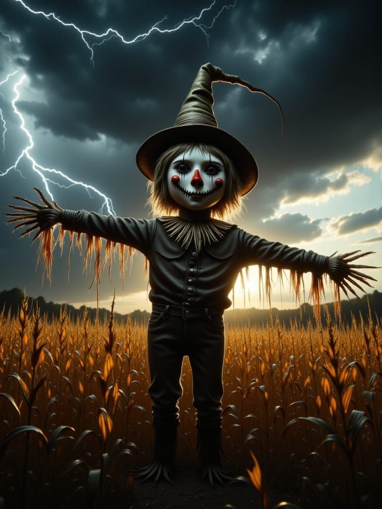 Scarecrow in Lightning Storm, Hyperrealistic Photorealism