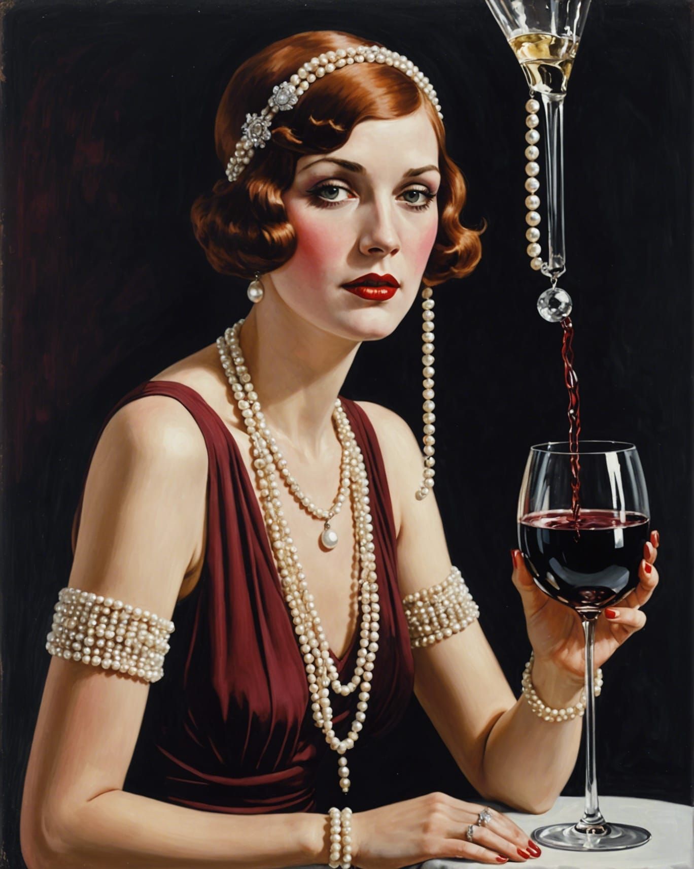 Flapper Girl Drowning in Wine: Surrealist Image
