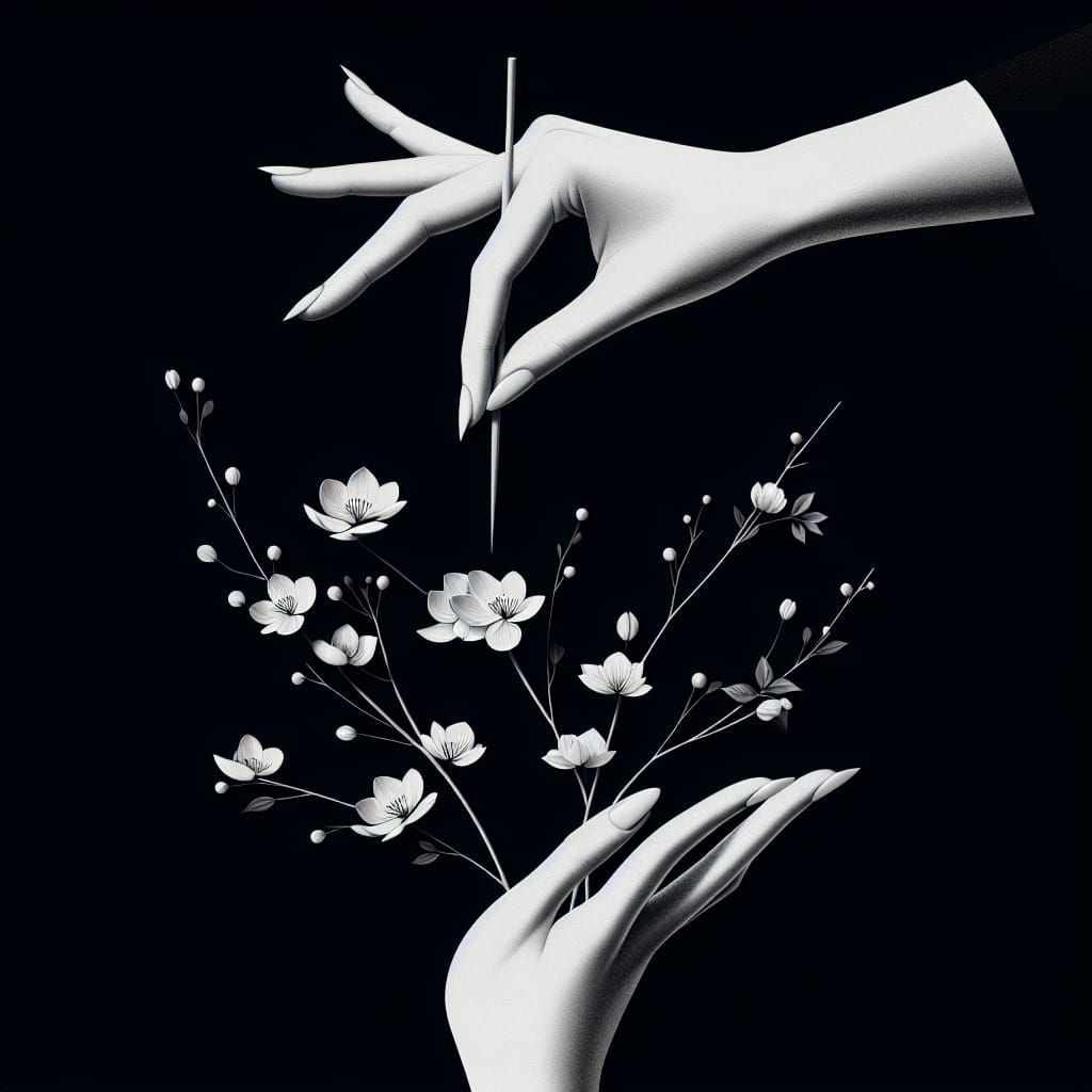 Caucasian Woman Arranges Ikebana in Minimalist Japanese Art