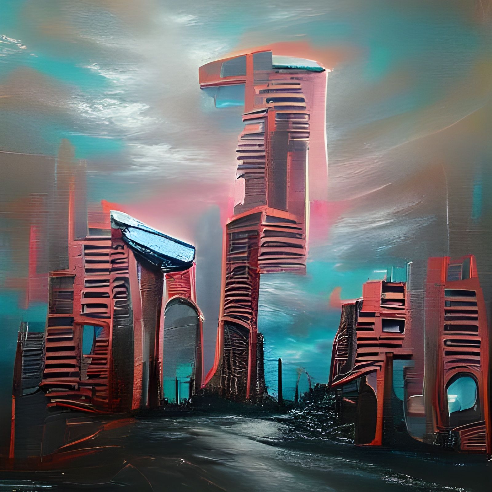 Futuristic City Ruins in Acrylic Art Style