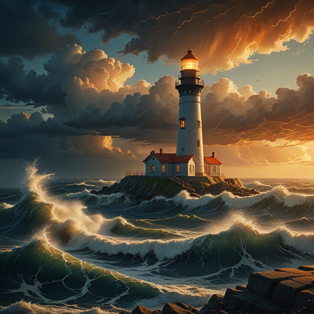 Lighthouse in Storm: A Dramatic Oil Painting