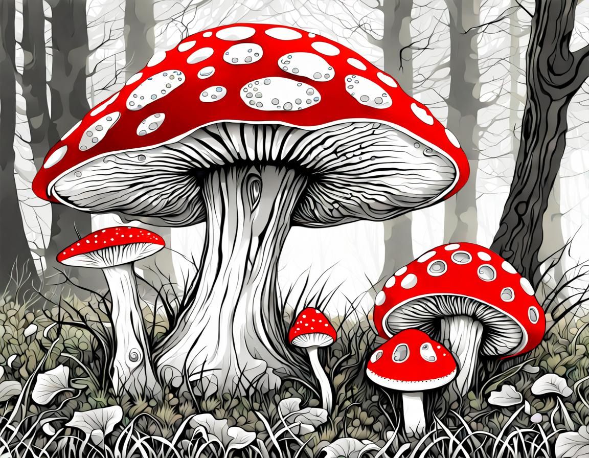 Fly Agarics Under Birch Tree in Abstract Fractal Style