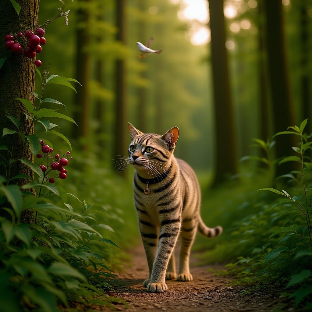 Cat Relaxing in Lush Forest, Professional Photography