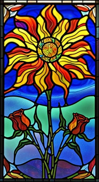Fauvist Stained Glass Flaming Roses Landscape