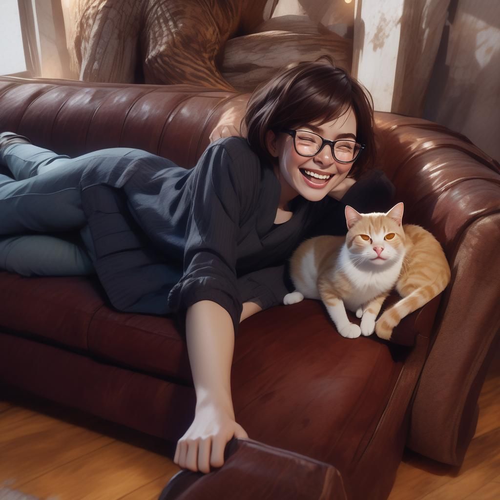 Watercolor Painting of Woman Laughing with Cat