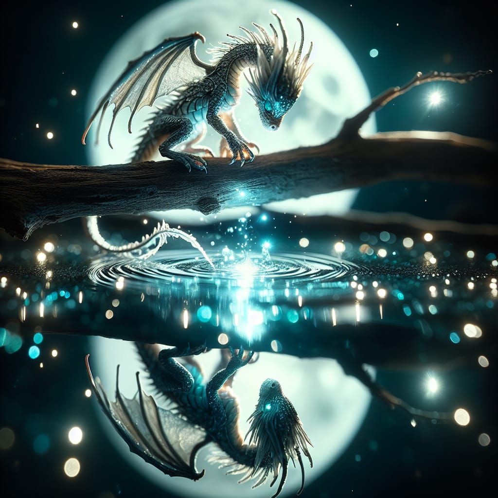 Moonlit Dragon Contemplates Reflection in 8K