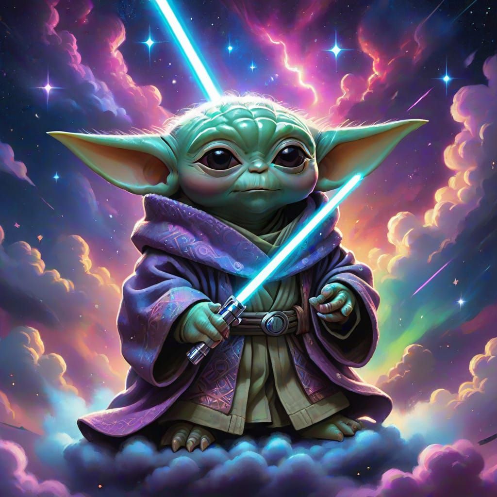 Regal Baby Yoda in Cosmic Galaxy of Wonder