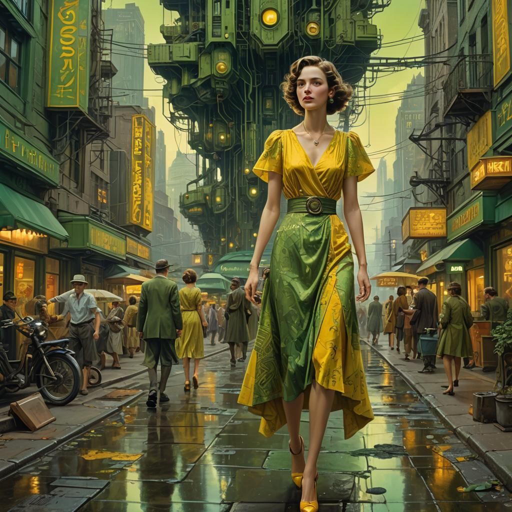 Vintage Woman Enters Futuristic City, Graffiti Art Style