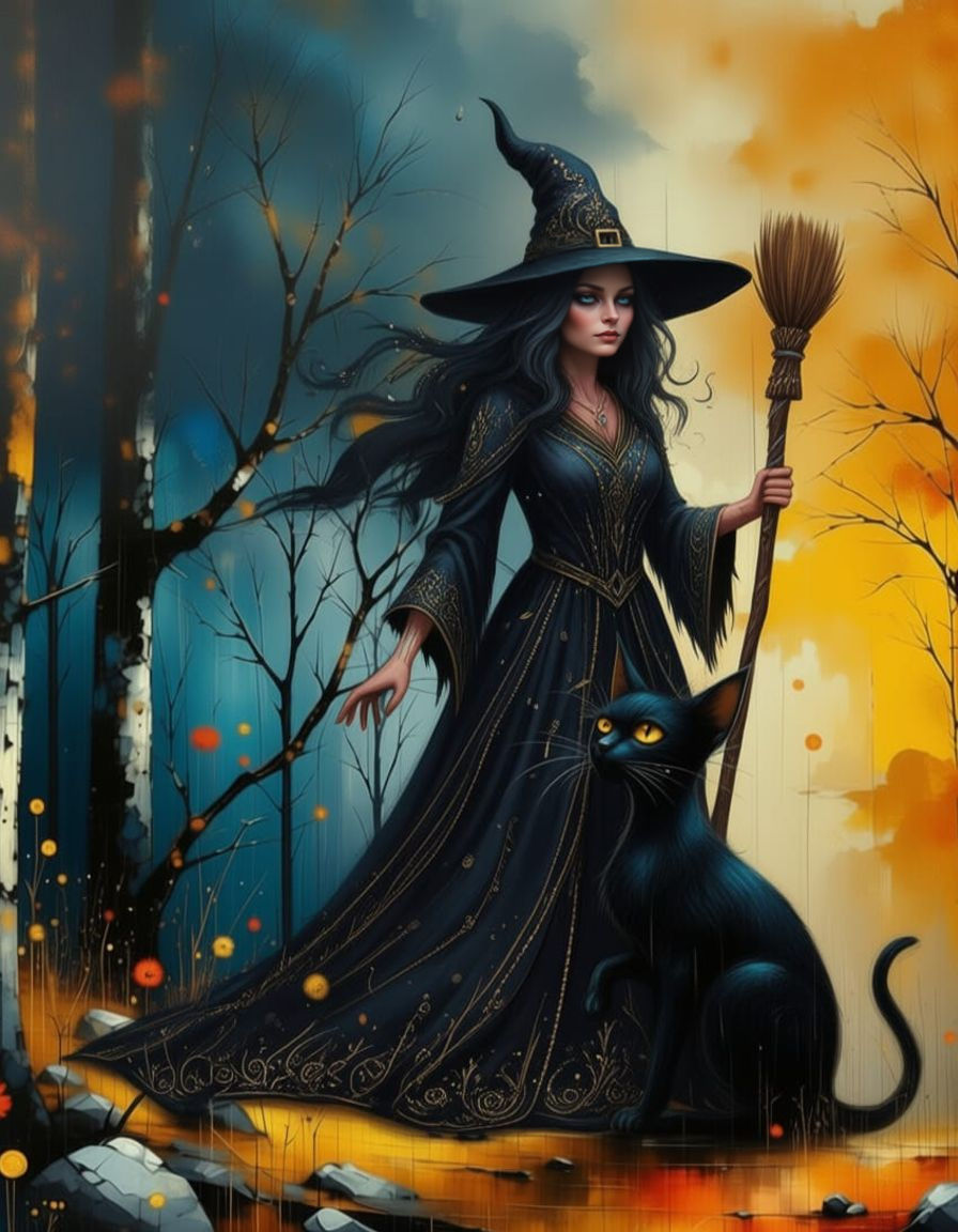 Mystical Cat Creature in Misty Forest Oil Painting