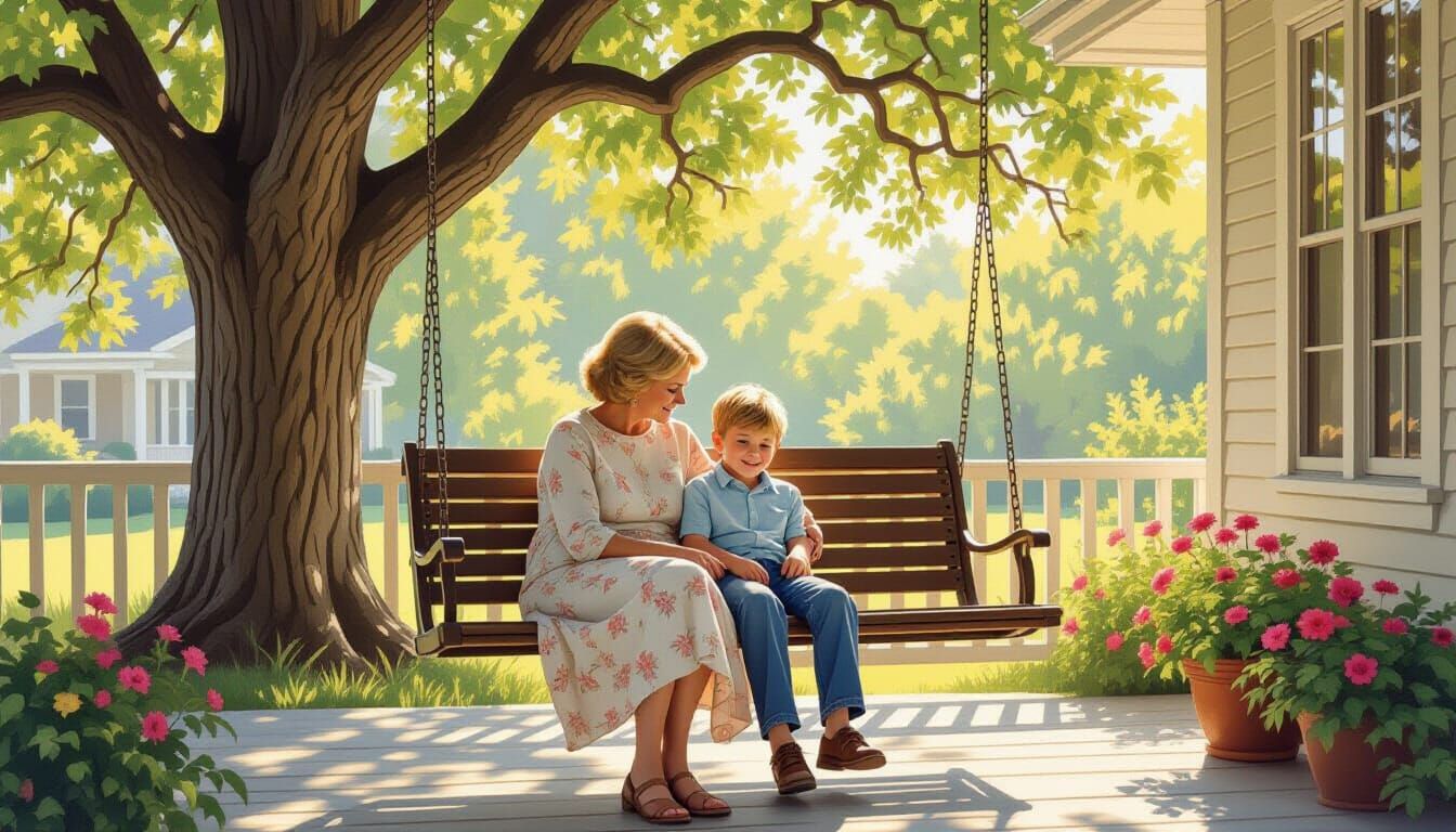 Grandmother and Grandson on Porch Swing