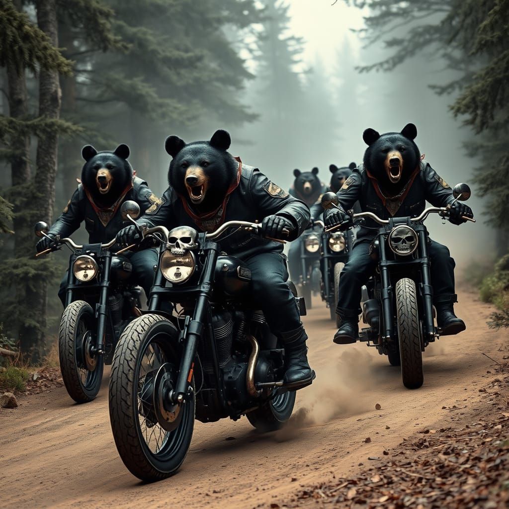 Rebellious Black Bears Ride Custom Choppers Through Misty Fo...