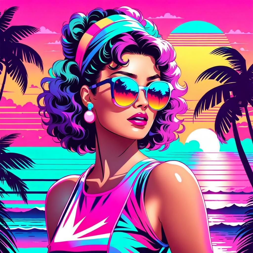 Vaporwave Party Girl in 80s Sunset