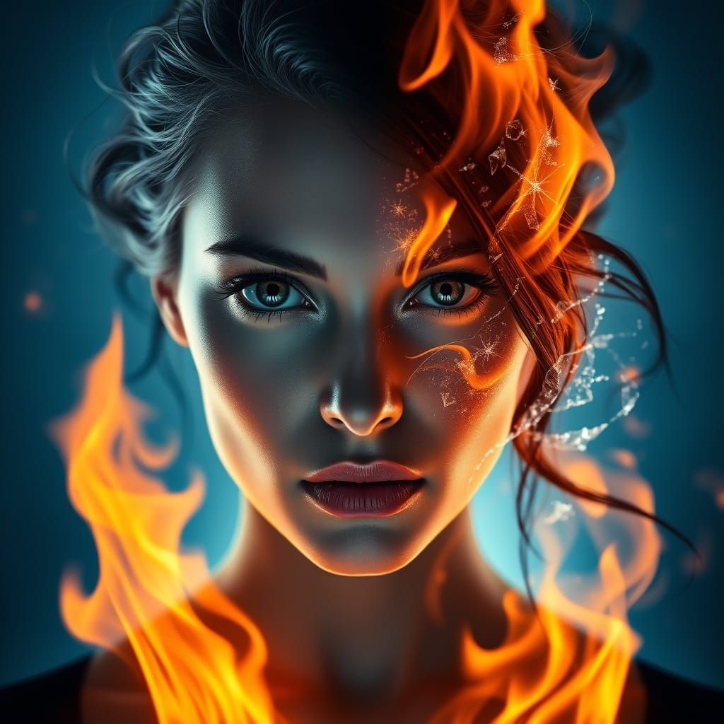 Surreal Portrait of Woman in Fiery and Frosty Balance