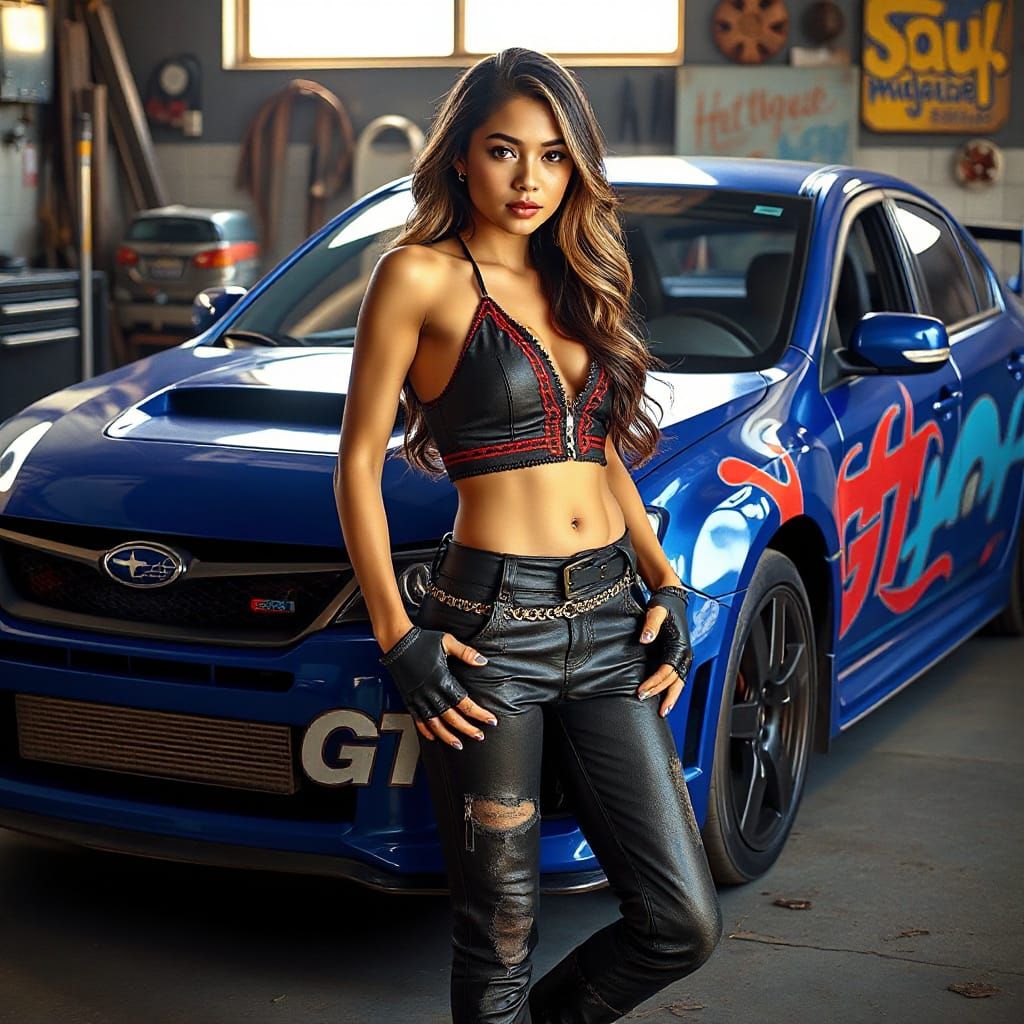 Confident Racer Girl with Custom Subaru WRX STI