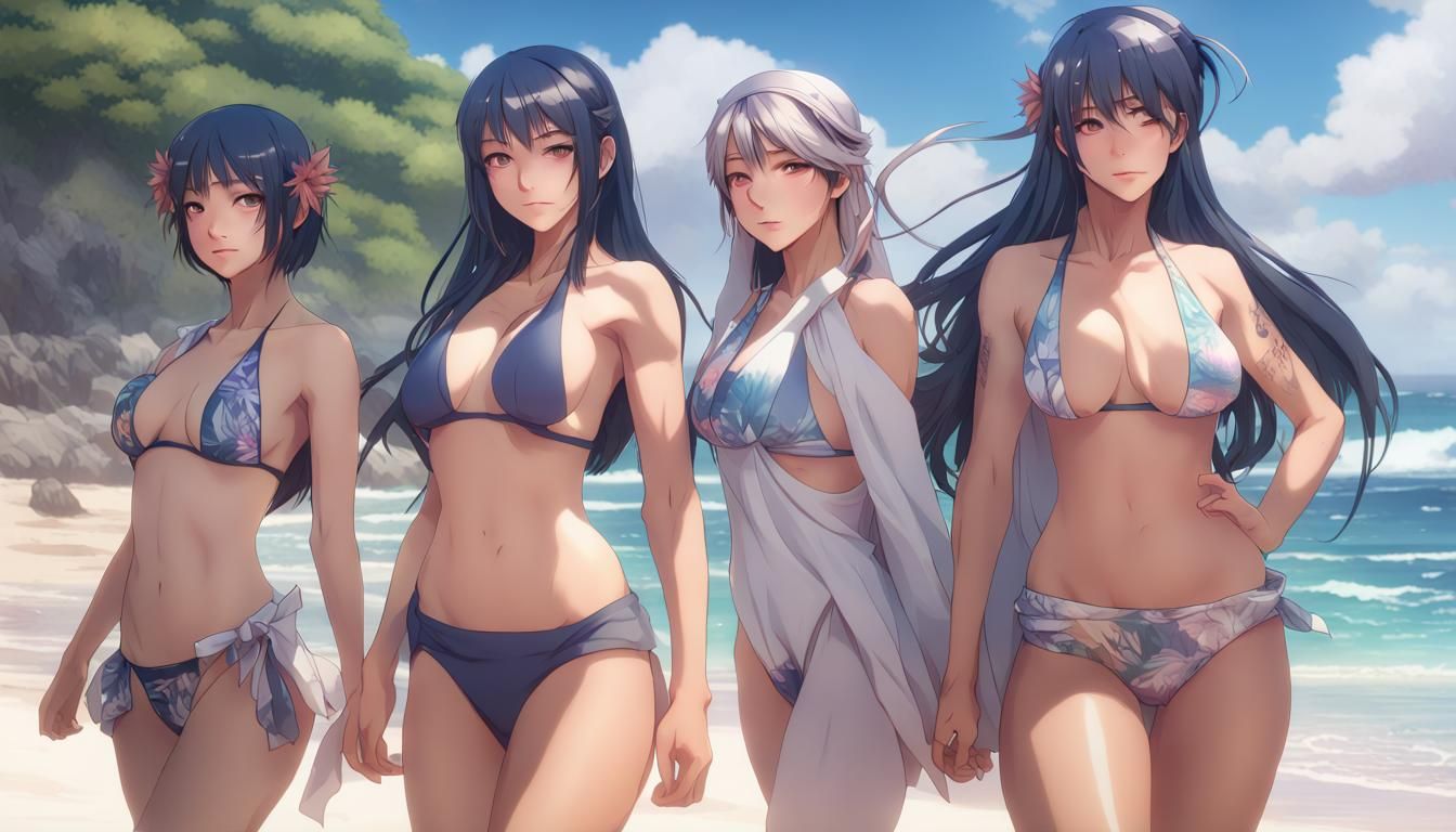 Anime Girls on Paradise Beach: Digital Art Portrait