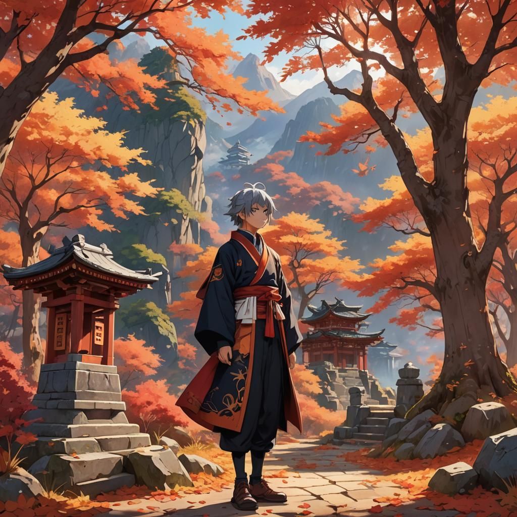 Anime Character at Mountain Shrine in Autumn