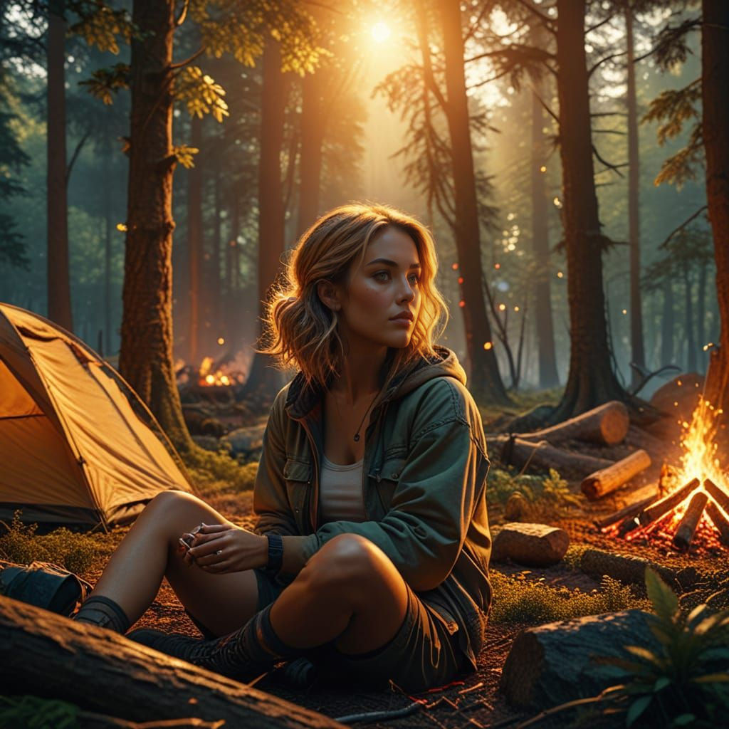 Stunning Woman Camping in Forest: Digital Matte Painting