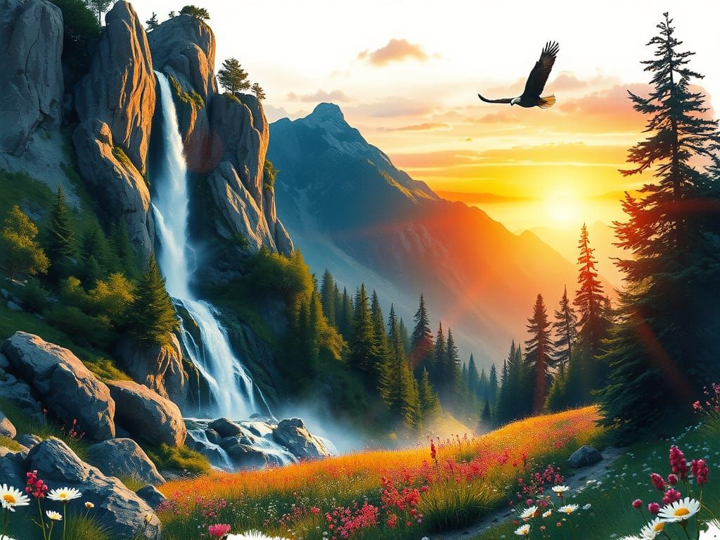 Ethereal Mountain Sunrise with Eagle in Flight