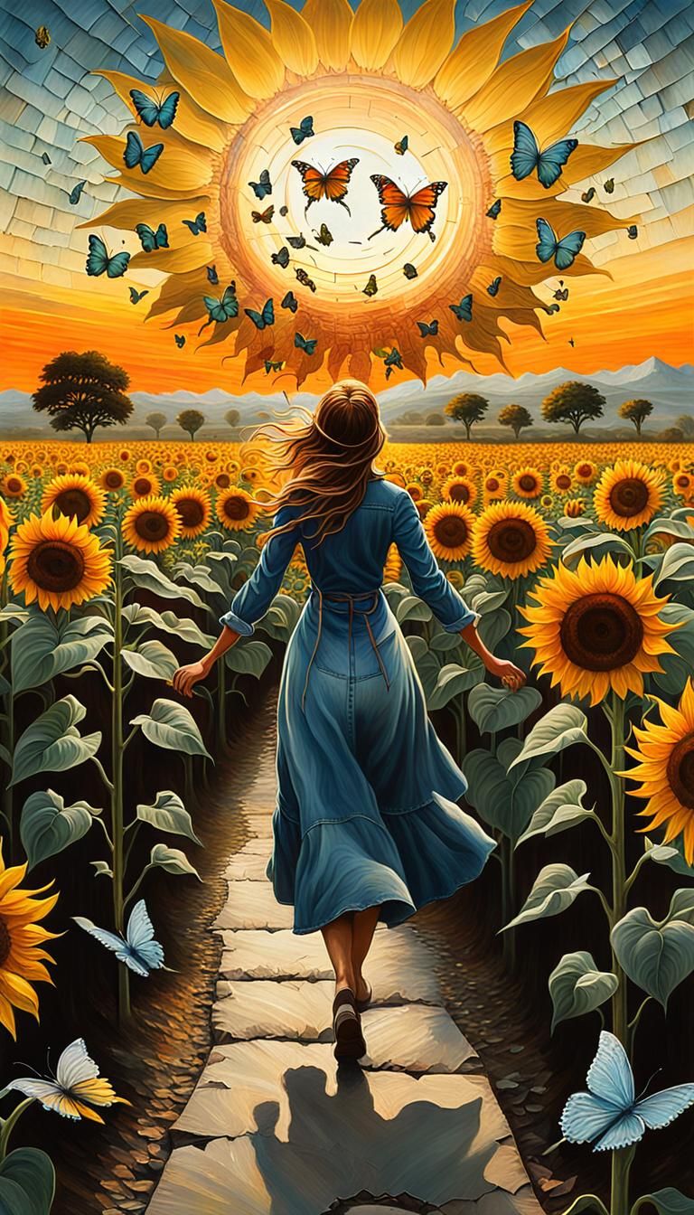 Girl Chasing Butterflies in Sunflower Field at Sunrise