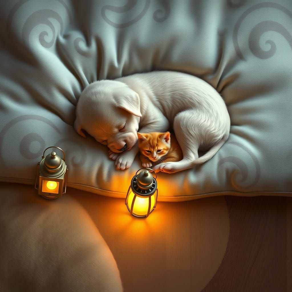 Blond Puppy and Orange Kitten Cuddle in Golden Glow
