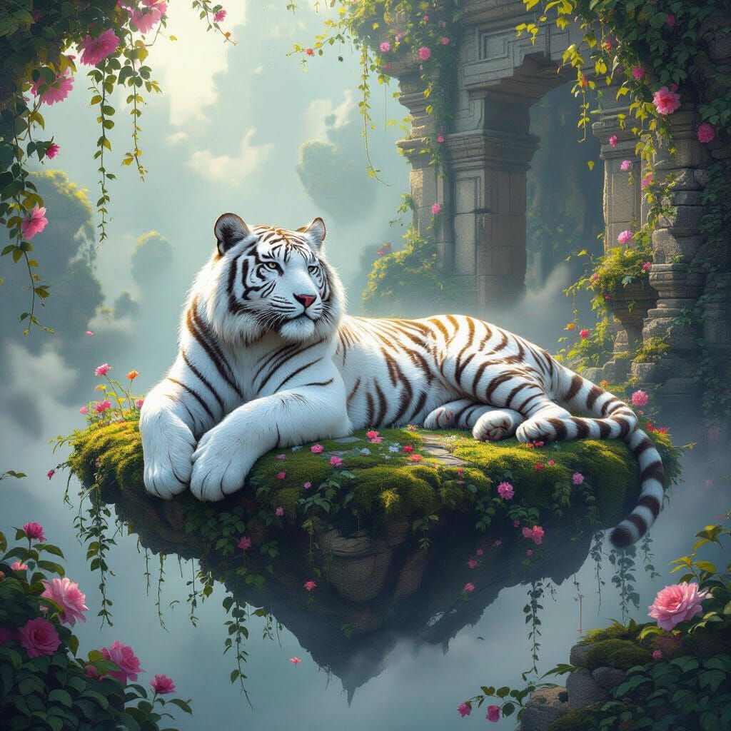 White Tiger on Floating Island in Surrealist Style