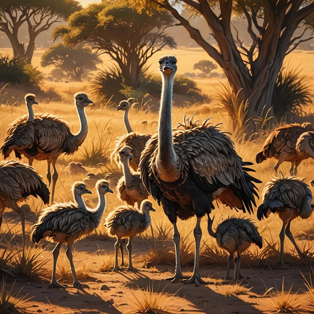 African Savannah: Ostrich Mother Sheltering Chicks