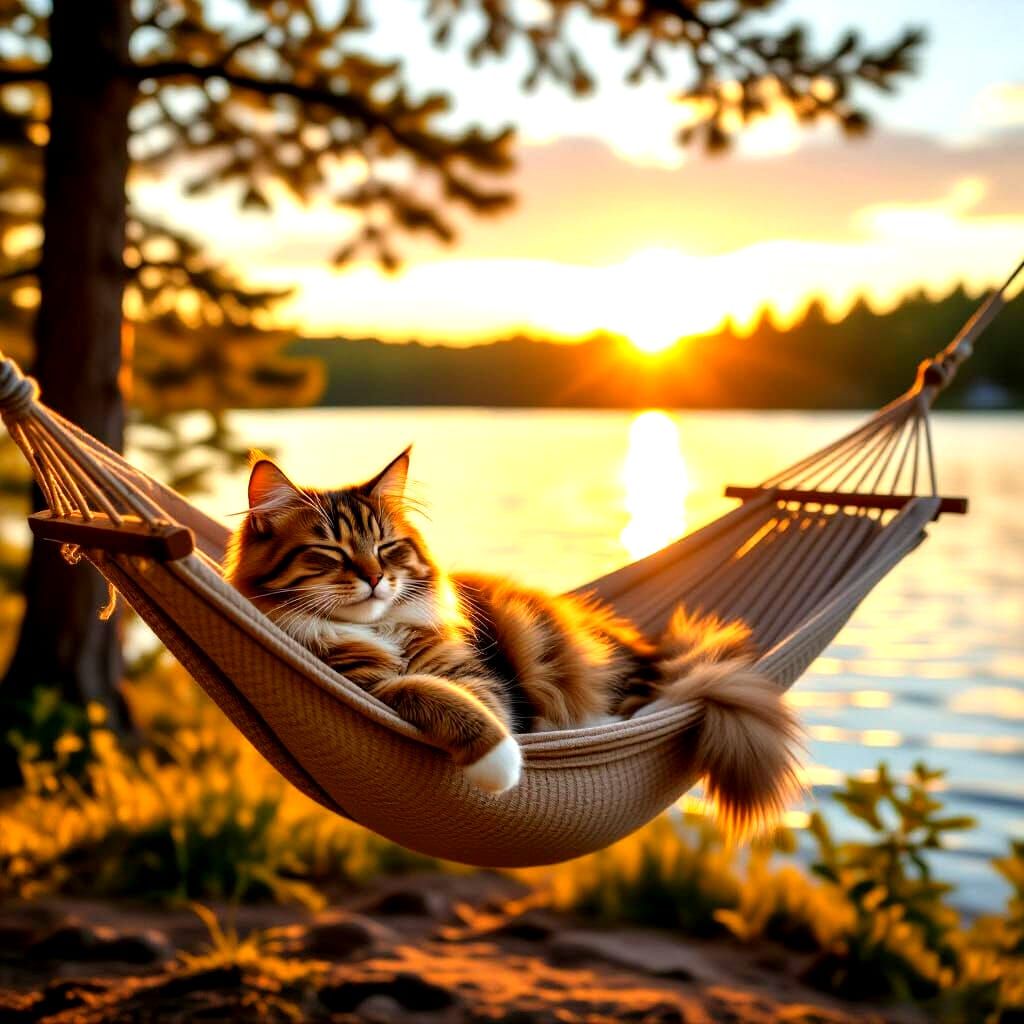 Happy Cat Relaxing in Hammock with Lake View