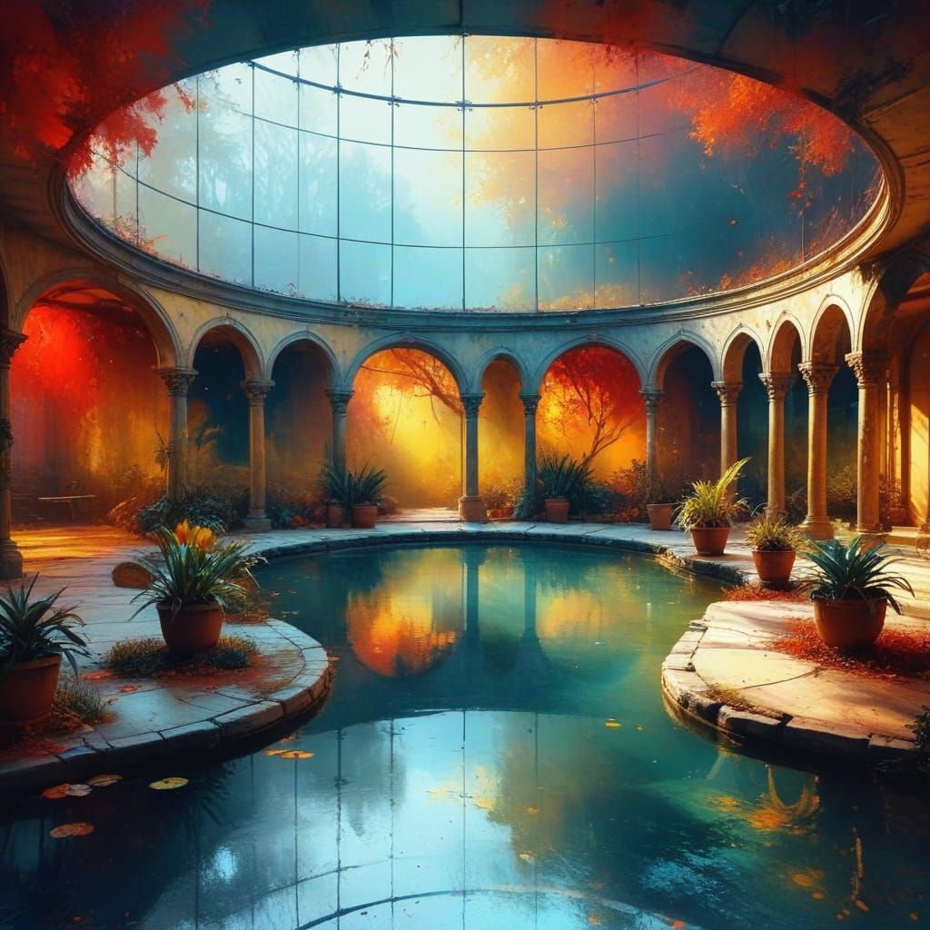 Autumn Atrium Masterpiece in Vibrant Oil Painting Style