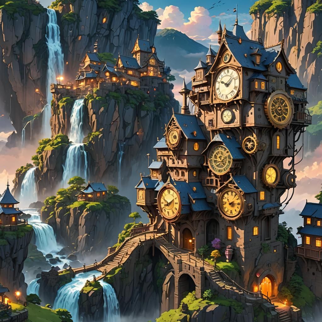 Clockwork Castle Beside Clockwork Village in Anime Style