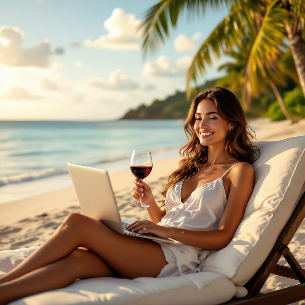Woman Relaxing on Beach with Laptop and Wine